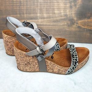 Blowfish Cork Wedge Sandals with Gray and Animal Print Straps